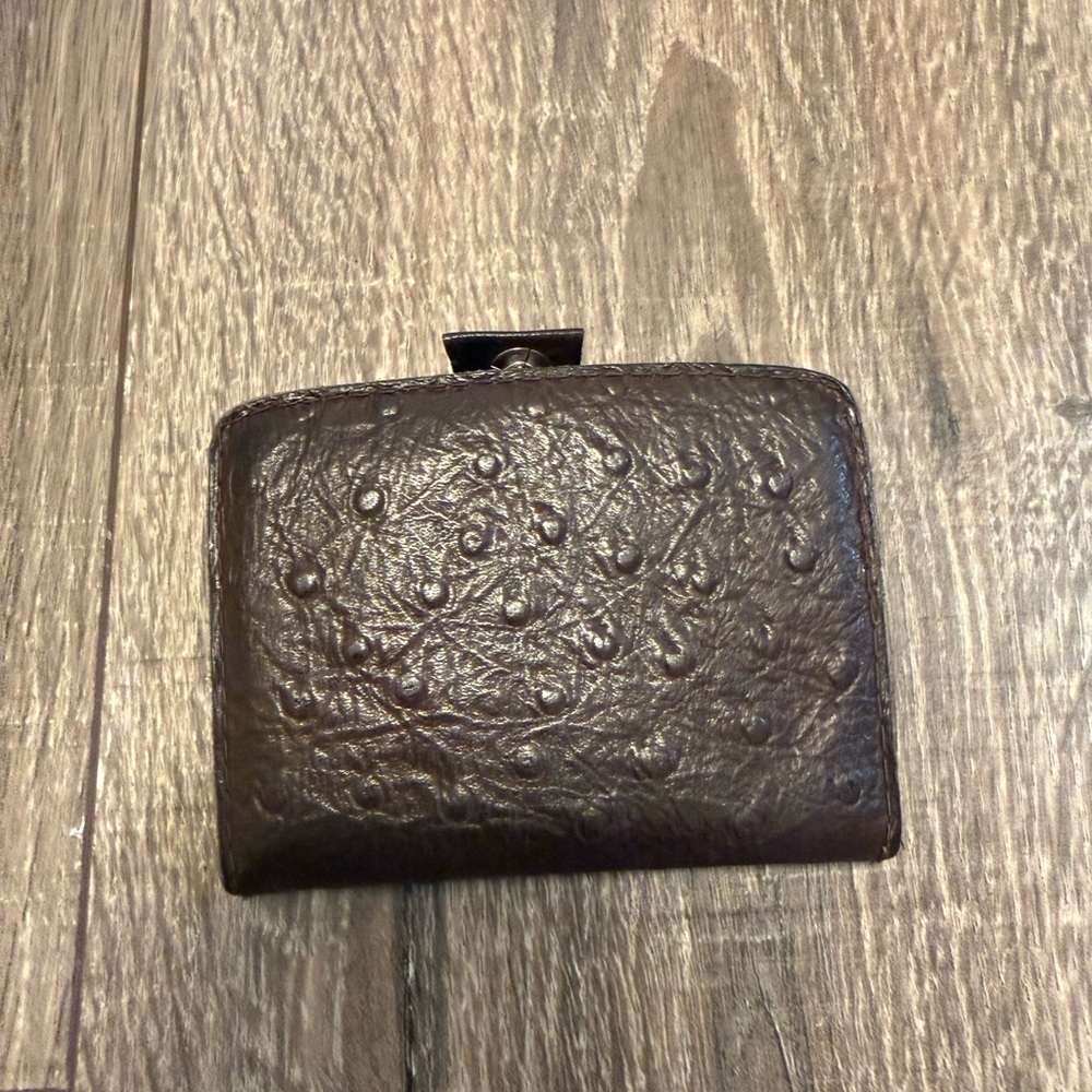 Vintage Brown Ostrich Leather Small Button Snap Clasp Wallet